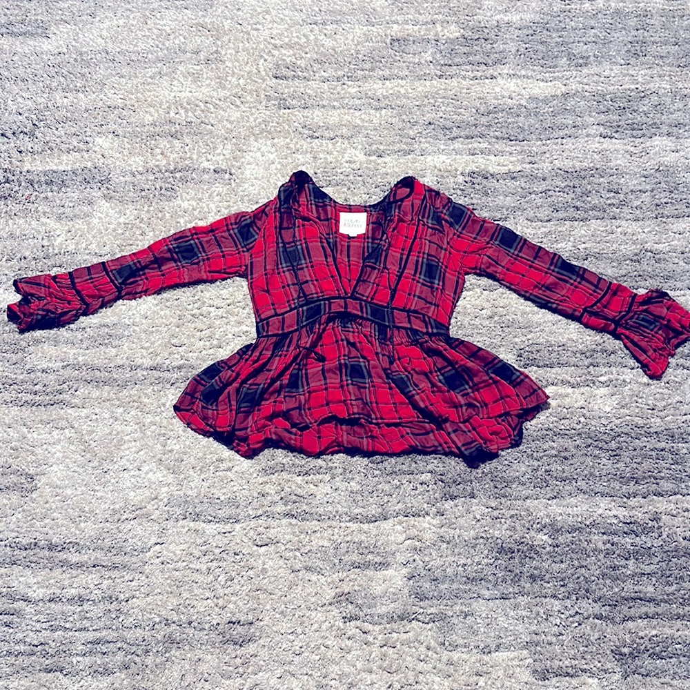 Thread & Supply Buffalo Checker Red & Black Flutter Sleeve shirt - Size S - Picture 2 of 5